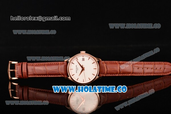 Patek Philippe Calatrava Swiss ETA 2824 Automatic Rose Gold Case with Brown Leather Strap White Dial and Stick Markers - Click Image to Close
